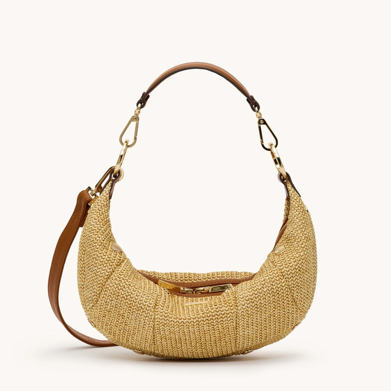 Hammitt Erica small handbag in cocoa raffia with gold accents, showcasing stylish summer accessory with textured woven material.