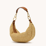 Hammitt Erica Sml handbag in cocoa raffia with gold accents, showcasing its compact design and stylish details.