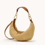 Small Hammitt Erica handbag in cocoa raffia with gold accents, featuring a stylish, textured woven design and compact shape.