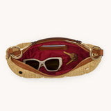 Hammitt Erica Small handbag in cocoa raffia with gold hardware, featuring a compact design and textured woven material.