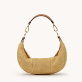 Hammitt Erica Sml handbag in cocoa raffia with gold accents, showcasing its compact design and stylish textured material.