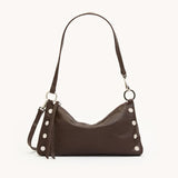Hammitt Kyle SML crossbody bag in black leather with adjustable strap and silver hardware, stylish and compact accessory.
