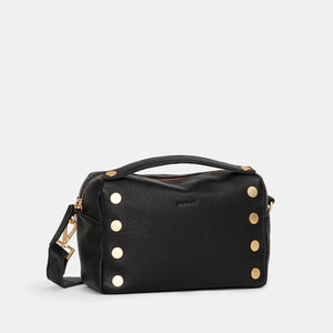 Black Hammitt Evan Crossbody Sml bag with brushed gold accents and red zipper, stylish compact crossbody bag for everyday use.