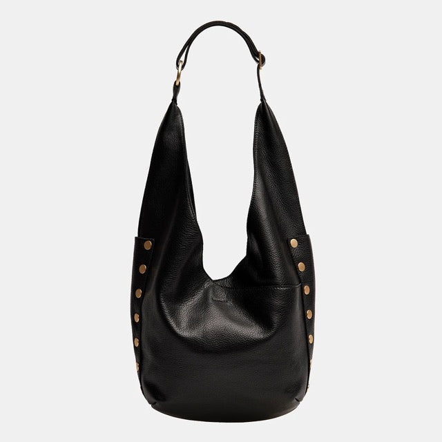 Black Hammitt Tom Zip Large crossbody bag with brushed gold accents and red zipper detailing.