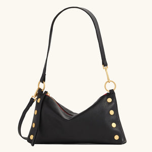 Black Hammitt Kyle Med handbag with brushed gold hardware and a red zipper, stylish leather handbag with a sleek design.