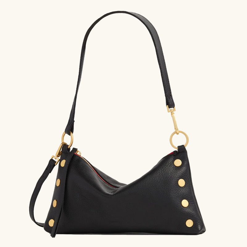 Black Hammitt Kyle Med handbag with brushed gold hardware and a red zipper, stylish leather handbag with a sleek design.