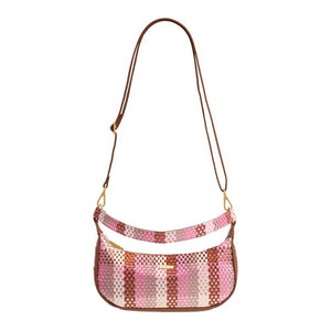 Hammitt Becker Sml handbag with ribbon weave design in brushed gold, showcasing its compact and stylish shape.
