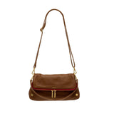 Hammitt Beverly Medium handbag in mahogany pebble leather with brushed gold and red zip details, showcasing stylish, structured design.