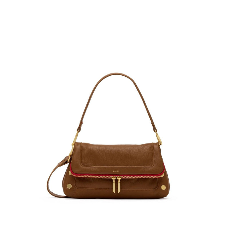 Hammitt Beverly Medium handbag in mahogany pebble leather with brushed gold hardware and red zipper.