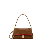 Hammitt Beverly Medium handbag in mahogany pebble leather with brushed gold hardware and red zipper.