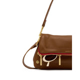 Hammitt Beverly Medium handbag in mahogany pebble leather with brushed gold and red zip details, stylish and compact design.