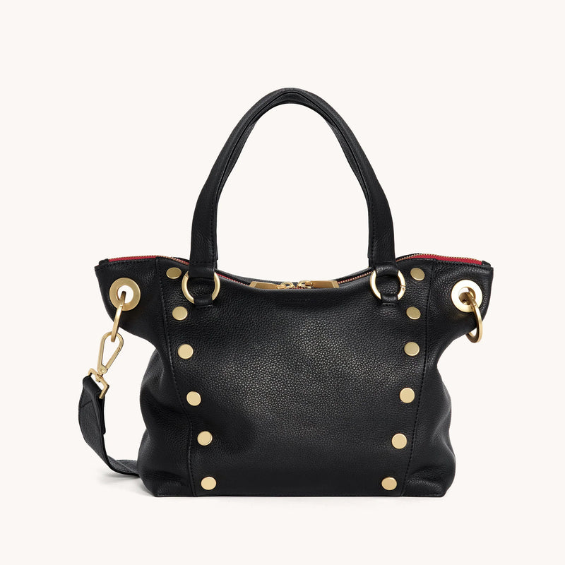 Black Hammitt Daniel Med purse with brushed gold hardware and red zipper, featuring a sleek, stylish design.