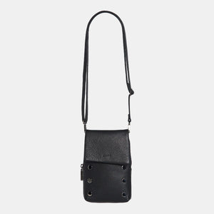 Black Hammitt VIP Mobile purse with sleek design and gold hardware, showcasing its compact and stylish accessory.