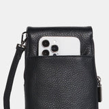 Black Hammitt VIP Mobile purse with brushed gold accents and red zipper, showcasing sleek design and compact size.