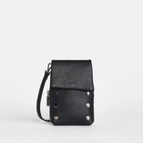 Black Hammitt VIP Mobile purse with sleek design and compact shape, featuring metal accents and a wrist strap for easy carrying.