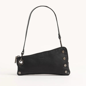 Hammitt Nash Pochette purse in black leather with silver hardware, featuring a sleek, compact design and wrist strap.