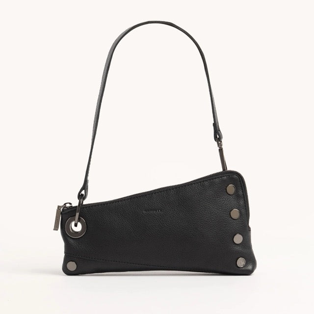 Hammitt Nash Pochette purse in black leather with silver hardware, featuring a sleek, compact design and wrist strap.