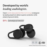 Jet black Hears high fidelity earplugs with 20dB noise reduction for comfortable hearing protection.