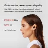 Jet black Hears high fidelity earplugs with 25dB noise reduction, designed for comfortable hearing protection.