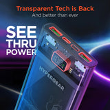 HyperGear 10,000mAh ClearCharge transparent fast charge power bank with 20W USB-C PD for portable device charging.