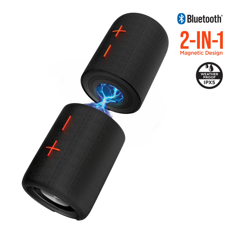 HyperGear SonicFuse dual magnetic wireless speaker showing its compact design and dual speaker setup.