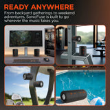 HyperGear SonicFuse dual magnetic wireless speaker showing its compact design and dual speaker setup for portable audio.