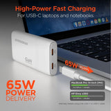 HyperGear SpeedBoost 65W dual USB-C PD ultra-slim GaN laptop charger with PPS, shown with cable connected and compact design.