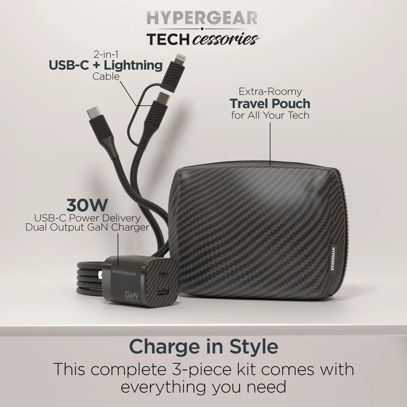 HyperGear 30W USB-C PD charging kit with travel pouch in sleek carbon fiber finish, including charging cables and accessories.