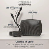 HyperGear 30W USB-C PD charging kit with travel pouch in sleek carbon fiber finish, including charging cables and accessories.