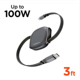 HyperGear Flexi Go 100W USB-C to USB-C retractable cable in a slim, compact case, white color, for fast charging and data transfer.