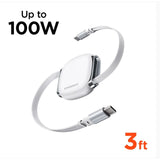 HyperGear Flexi Go 100W USB-C to USB-C retractable cable in a slim, compact case, ideal for fast charging and data transfer.