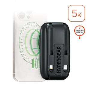 HyperGear Mag Grip Go 5,000mAh magnetic wireless fast charge power bank with built-in cables, compact and portable.