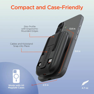 HyperGear Mag Grip Go magnetic wireless fast charge power bank with built-in cables and 5,000mAh capacity, shown in black with magnetic grip.