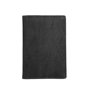 Black ILI personalized leather passport case with embossed design, designed to hold and protect a standard travel passport.