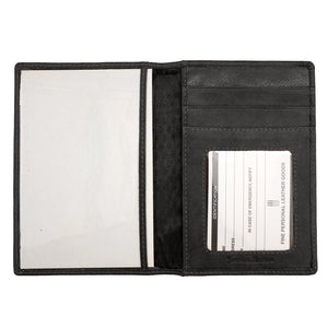 Black ILI personalized leather passport case with embossed design, open to show interior slots for passport and cards.