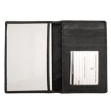 Black ILI personalized leather passport case with embossed design, open to show interior slots for passport and cards.
