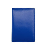 Cobalt blue leather ILI personalized passport case with embossed initials, designed for secure travel and style.