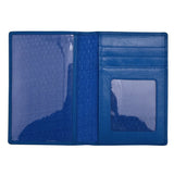 Cobalt blue leather ILI personalized passport case with embossed initials, designed for travelers and passport protection.