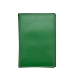 Emerald green ILI personalized leather passport case with embossed design, designed for secure travel and stylish protection.