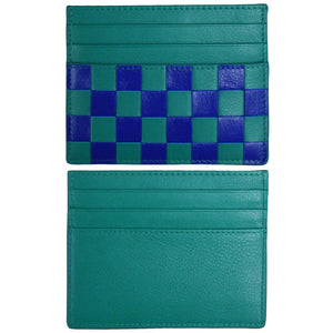 ILI Checkerboard Card Case wallet in aqua cobalt with a checkerboard pattern, featuring multiple card slots and a slim design.