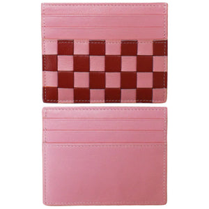 ILI Checkerboard Card Case wallet with pink and red checkerboard pattern, compact design, and multiple card slots.