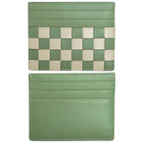 ILI Checkerboard Card Case wallet with sage and stone checkered pattern, compact and stylish, made for organizing credit cards.