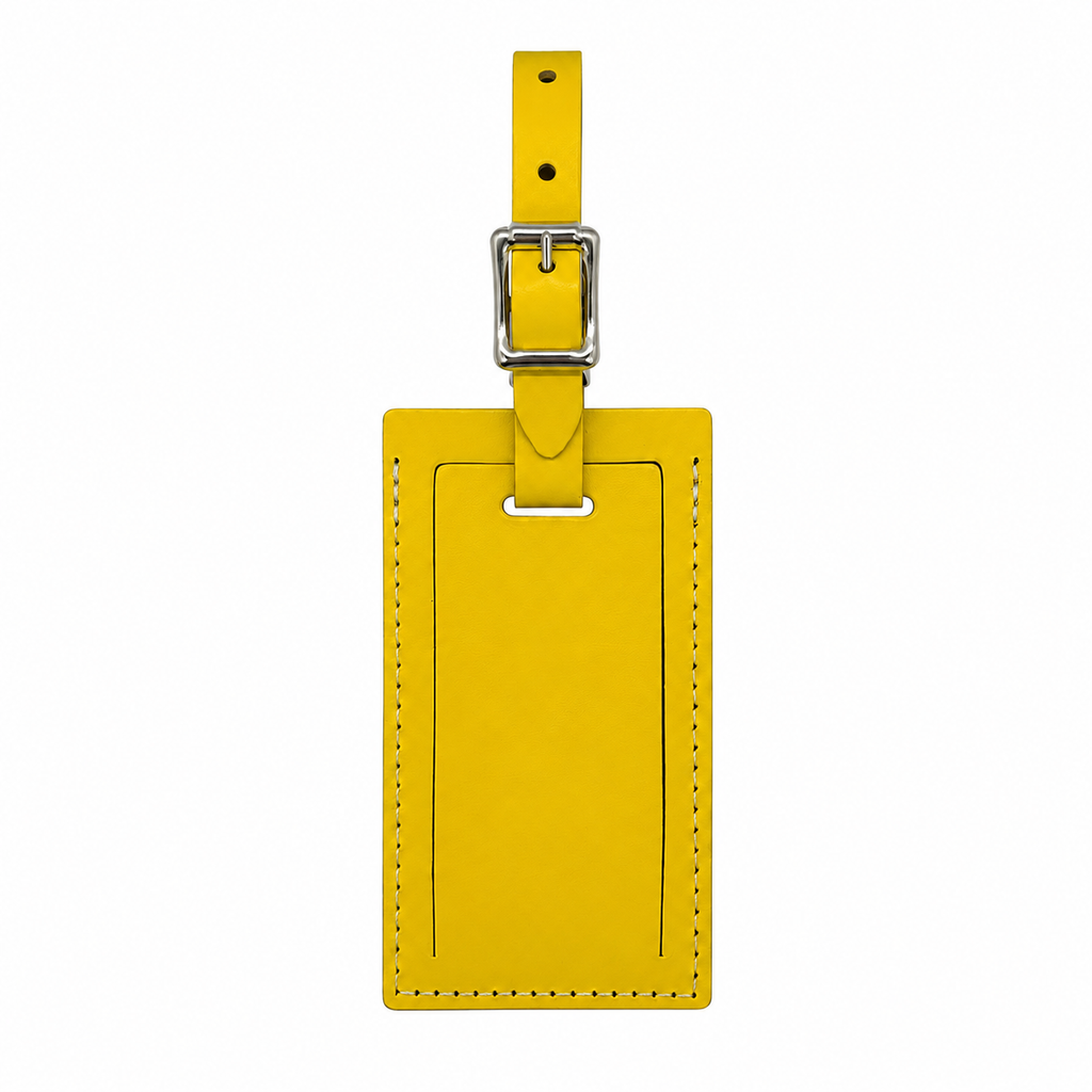 Personalized leather luggage tag by Index Urban featuring a sleek design and adjustable strap for secure travel identification.