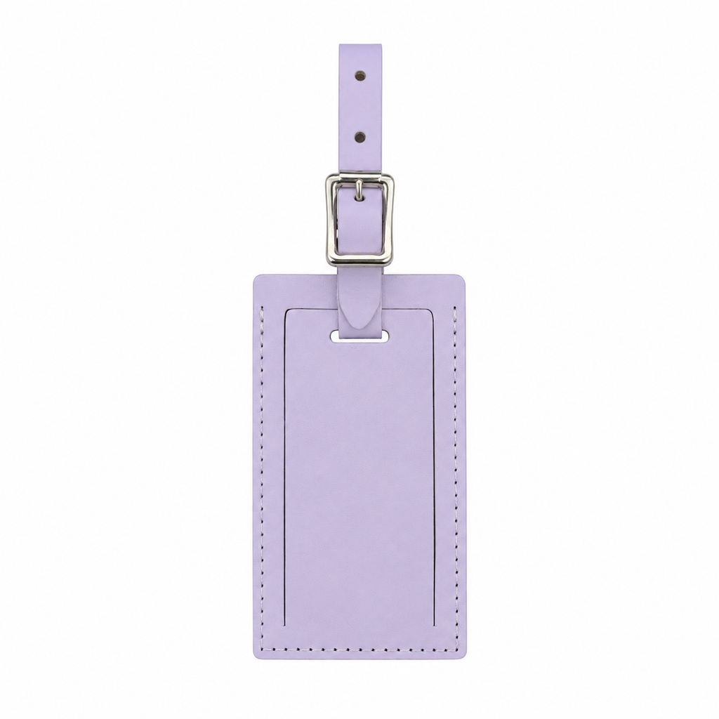 Personalized leather luggage tag by Index Urban with custom engraving, made in the USA, featuring durable leather and clear identification window.