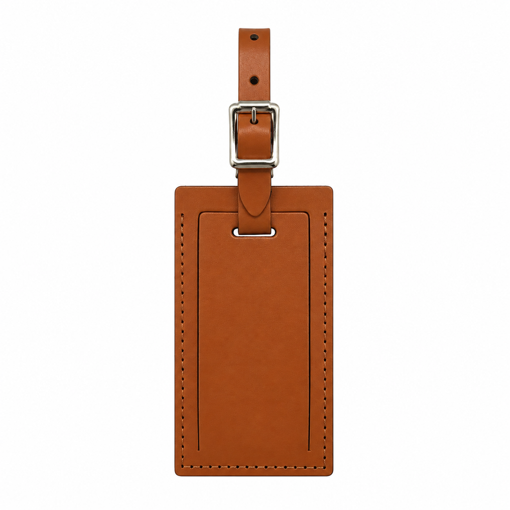 Personalized brown leather luggage tag with engraved name, featuring a clear ID window and sturdy strap from Index Urban.