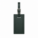 Personalized leather luggage tag from Index Urban with embossed name and metal buckle for secure travel identification.