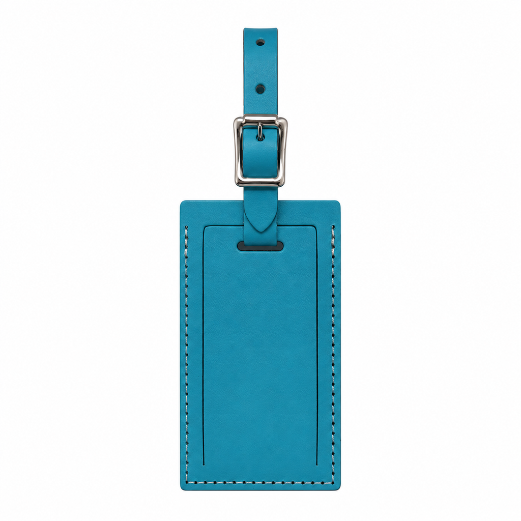 Personalized leather luggage tag by Index Urban, made in the USA, showing a sleek brown tag with customizable details.