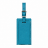 Personalized leather luggage tag by Index Urban, made in the USA, showing a sleek brown tag with customizable details.