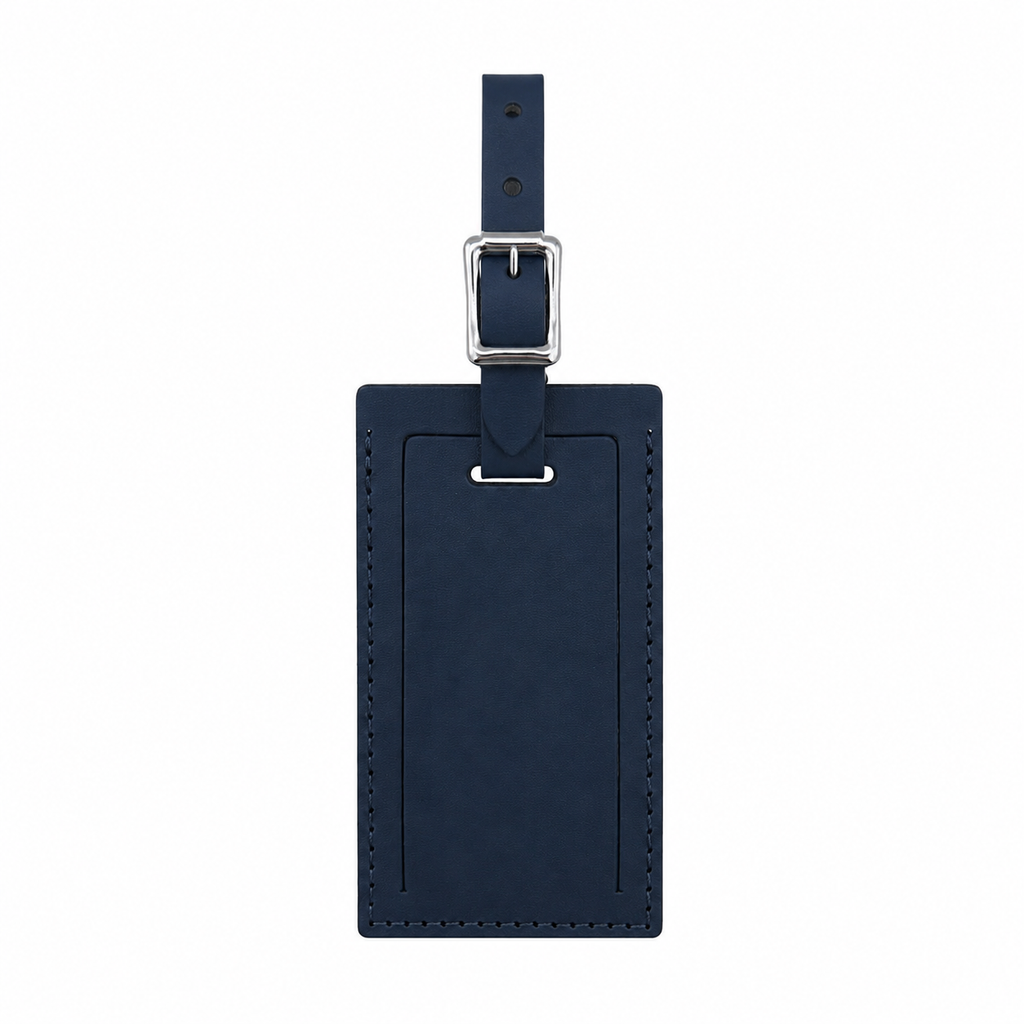 Personalized leather luggage tag by Index Urban featuring a clear ID window and adjustable strap for secure travel identification.