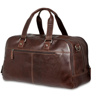 Jack Georges Classic Duffel Bag in black leather with handles and zipper closure, showcasing its spacious and durable design.